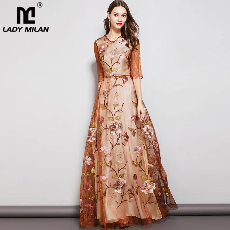 

Lady Milan Luxury Women's Runway Designer Dresses V Neck 3/4 Sleeves Embroidery Floral Organza Long Party Prom Elegant Dresses
