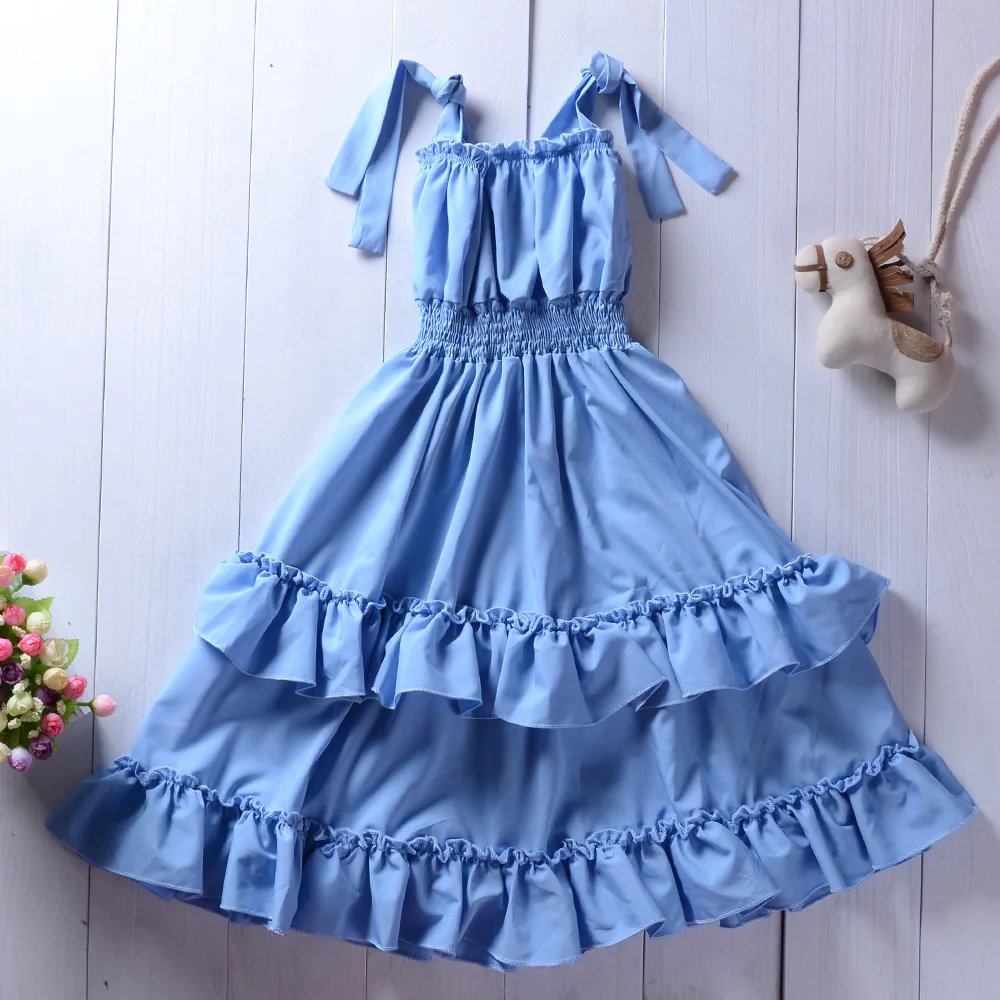 Kid Girls Clothes Ruffled Sleeveless Suspender Dresses Solid Blue Casual Tunic Children Dress | Детская одежда и обувь