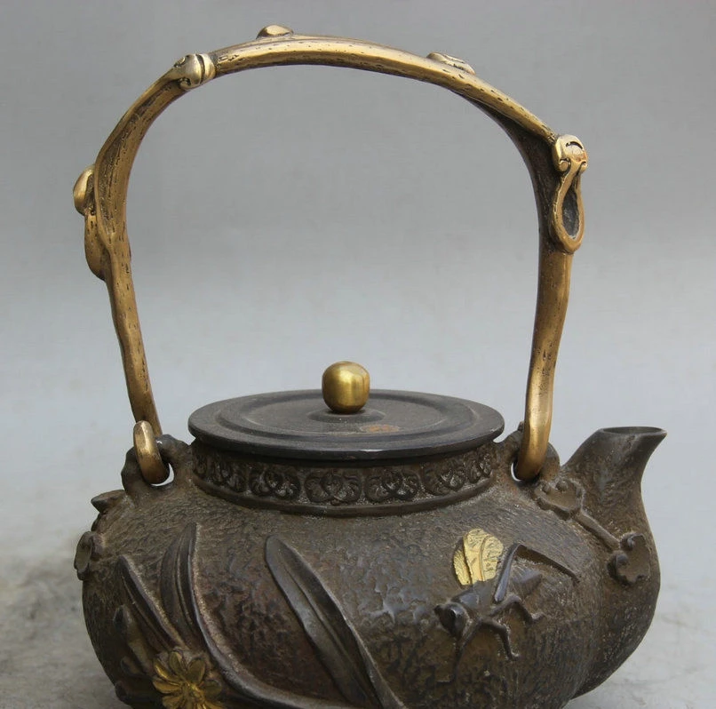 Старая Япония Японский Железный позолоченный шестиугольный цветочный чайник