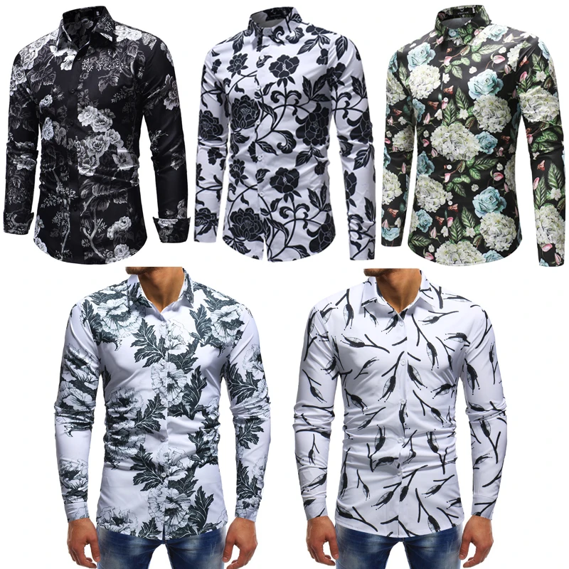 Модные мужские Slim Fit Футболка с цветочным принтом Повседневное с длинным рукавом Мужская классическая рубашка роскошные Топы