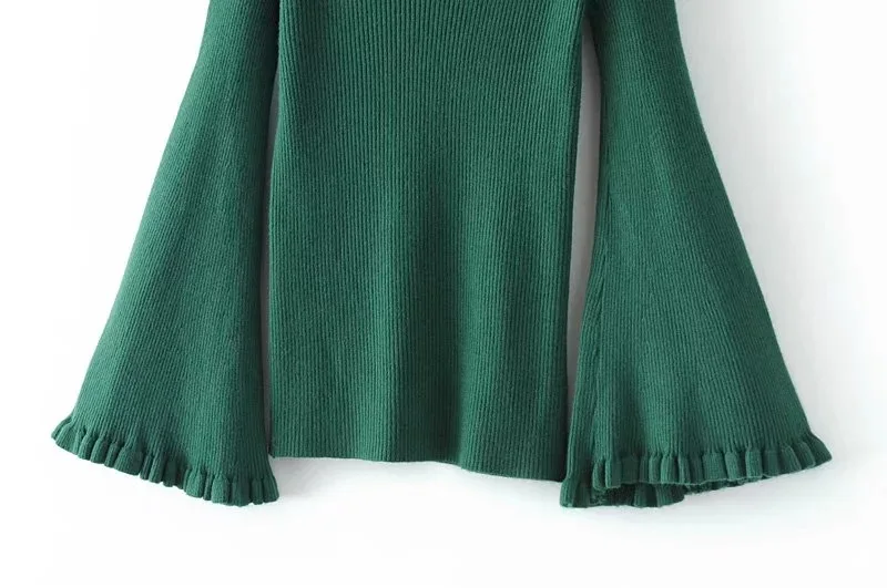 2017 Autumn New European Style Women Fashion V-Neck Long Flare Sleeve Solid Color Casual Knitted Pullovers Sweater | Женская одежда