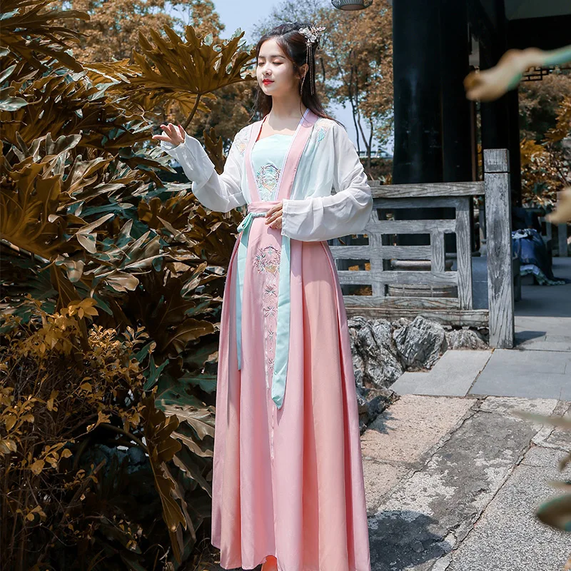 Женский танцевальный костюм Hanfu розового цвета с вышивкой для выступлений наряд
