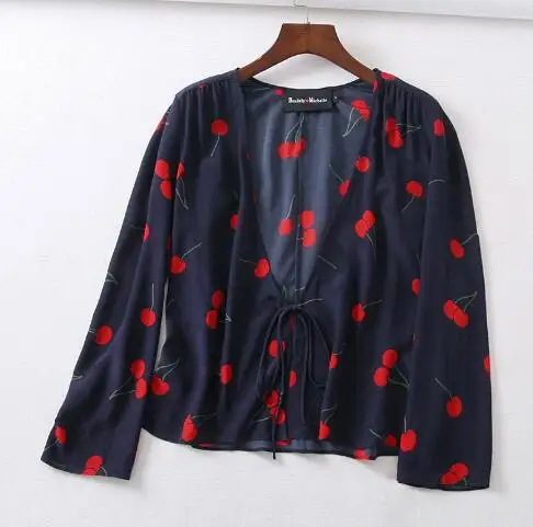 JuneLove 2019 New summer autumn women long sleeve cherry dot sunflower print kimono cardigan chiffon tops lace up blouses |