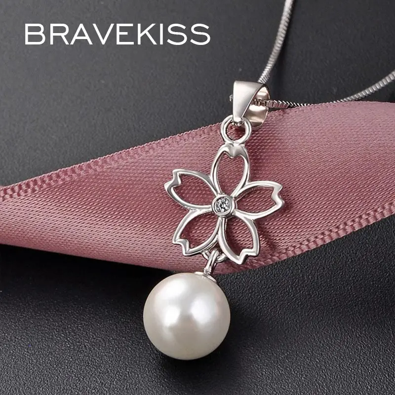 BRAVEKISS Romantic Hollow Flower Pearl Pedant Necklaces 925 Sterling Silver Necklace Freshwater Round Big Jewelry BLN0422 | Украшения и
