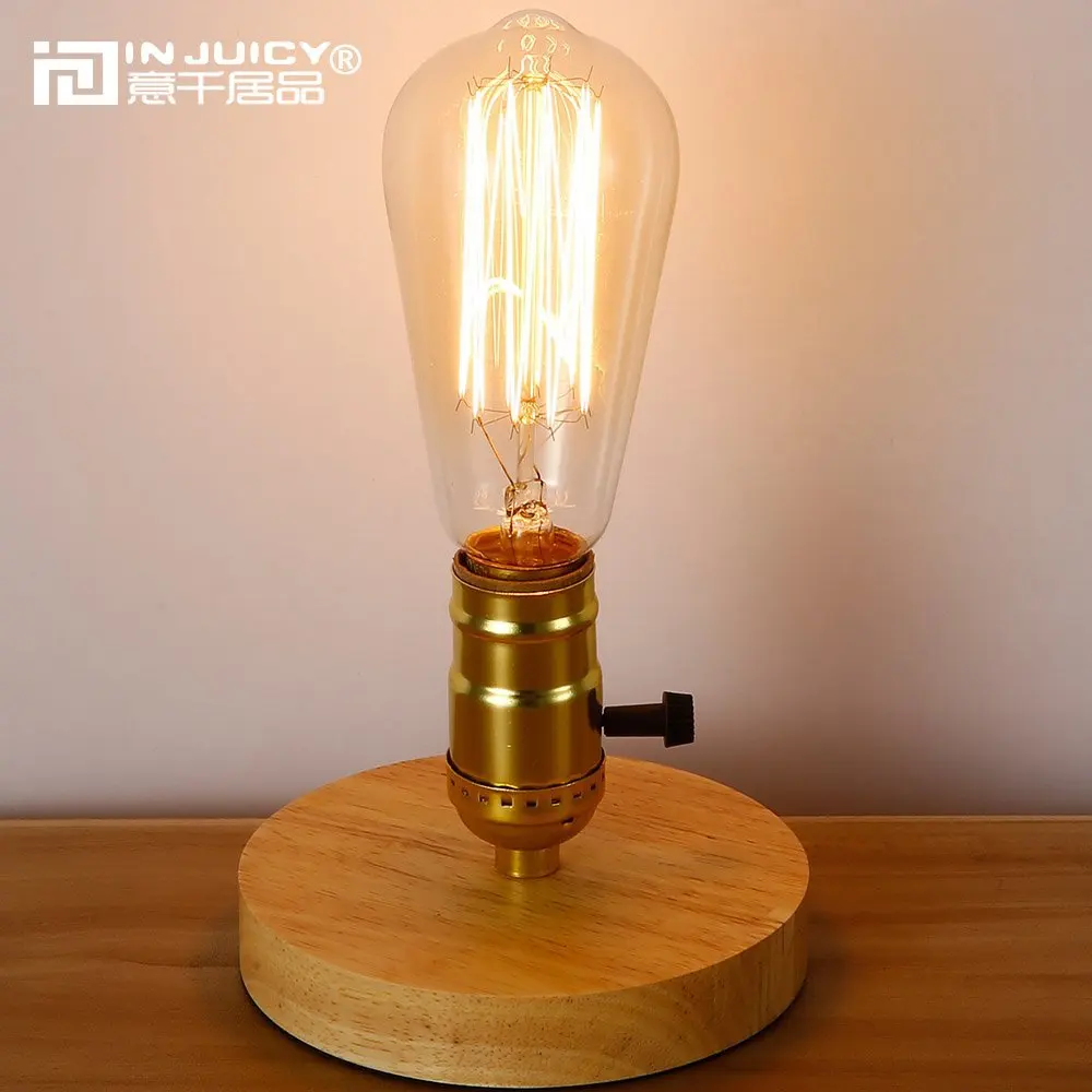 Vintage Industrial E27 LED Wood Table Light Antique Retro Edison Bulb Wooden Study Desktop Decoration Desk Lamp
