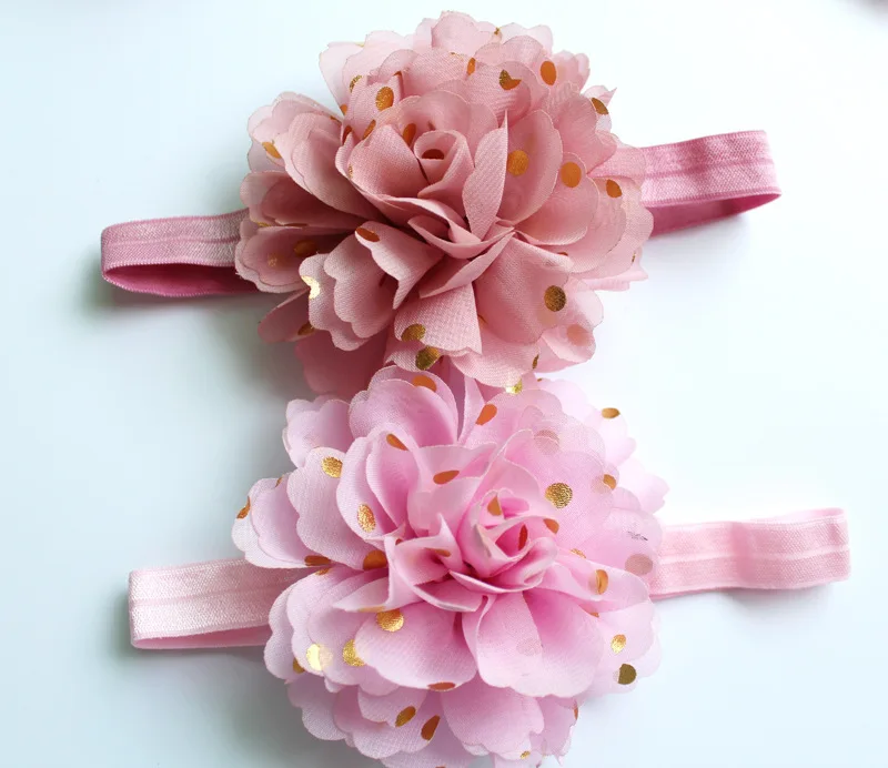 new arrival 4 inch Chiffon Flower Golden Dot With satin Headband Headwear 20 color girl hair accessory 24pcs/lot | Детская одежда и