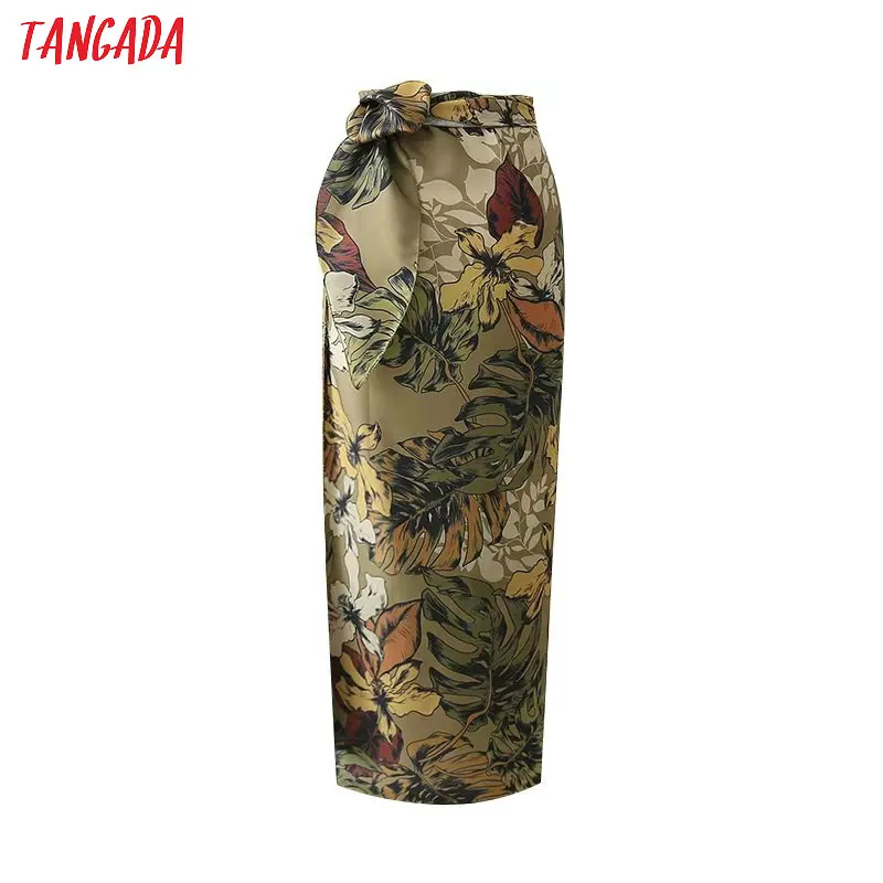 Tangada юбка с запахом юбка на запах юбка с поясом юбка до середины икры юбка миди юбка хаки с тропическим принтом юбка с цветами длинная юбка летняя юбка романтичный стиль XD234