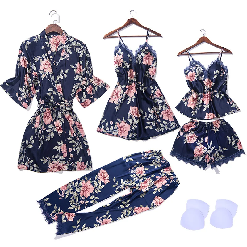 

5 PCS Cami&Shorts&Nighty&Pants&Robe Lace Sexy Lingerie Nightwear Pajamas Satin Sleep Set Nightwear Negligee Sleepwear Pyjama