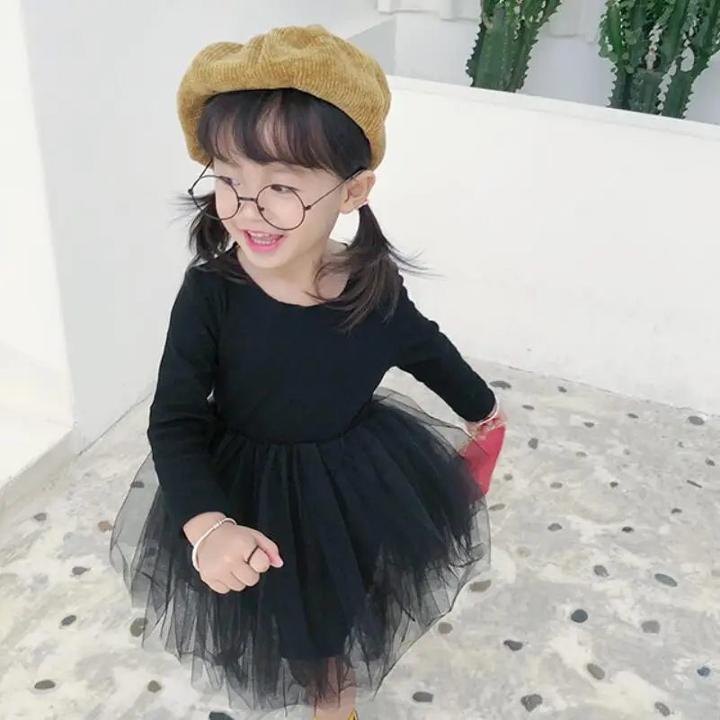 Весеннее однотонное платье принцессы для девочки 2019 с длинным рукавом детская