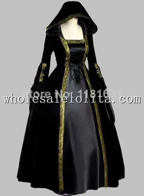 Готическое черно-Золотое Платье с отделкой платье капюшоном костюм для