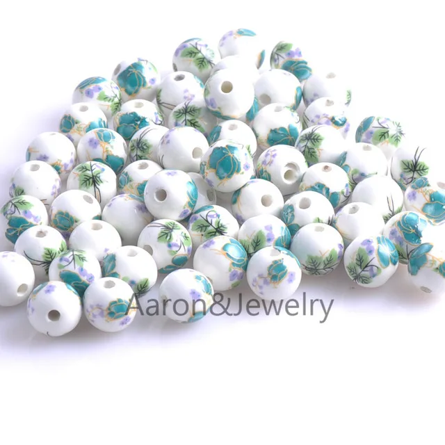 

12mm 30pcs white Flower print Ceramic Round Loose Beads Fit Jewelry Diy Spacer beads YKL0313