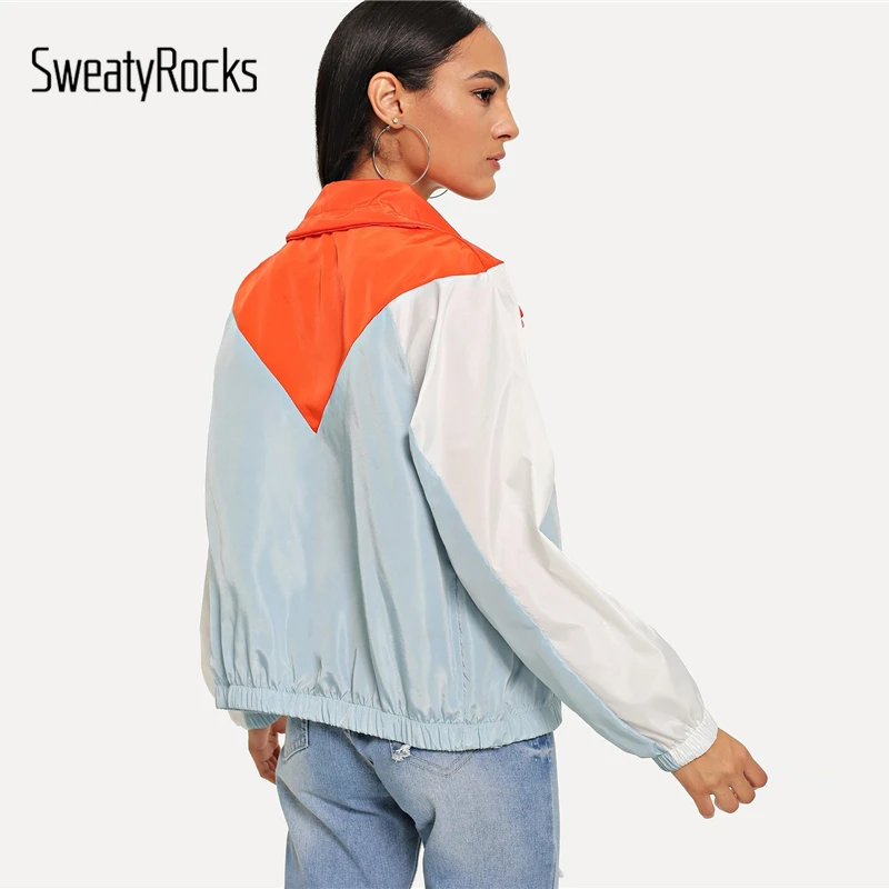 SweatyRocks цветная ветровка с завязками, куртка на молнии, повседневная одежда для активного отдыха, пальто и куртки, женские весенне-осенние Топы