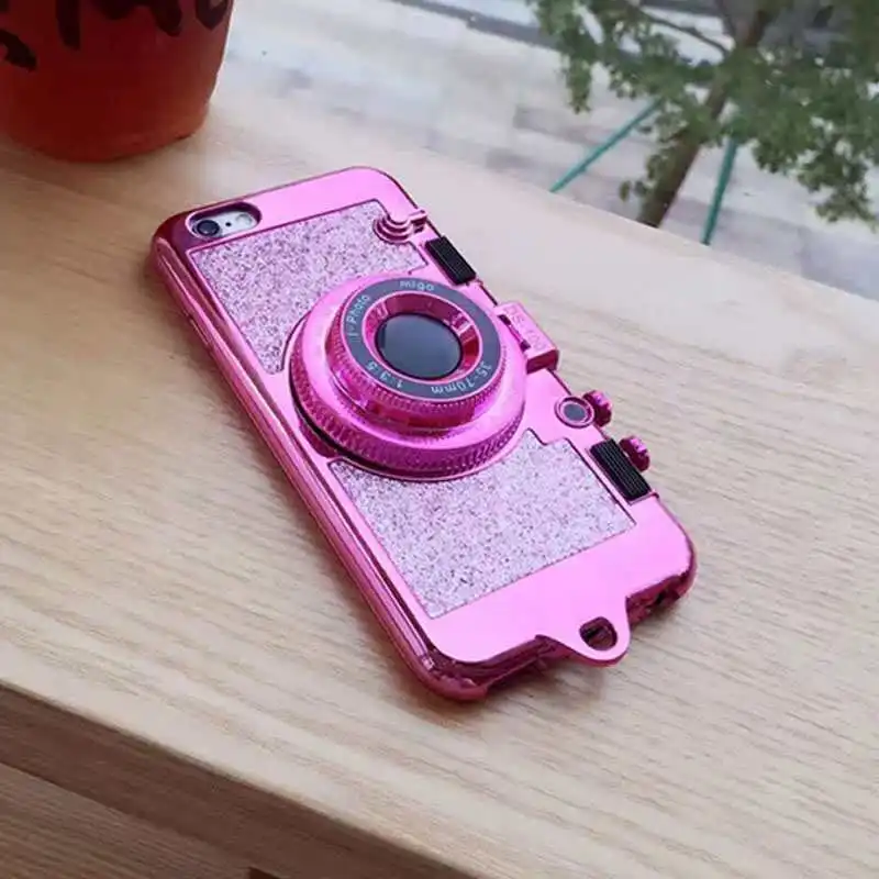 3D Симпатичные Ретро камера чехол для iphone X Зеркало чехол для iphone XS MAX 6 6s 7 8 плюс стенд держатель силиконовый чехол телефона+ шнурки - Цвет: Pink