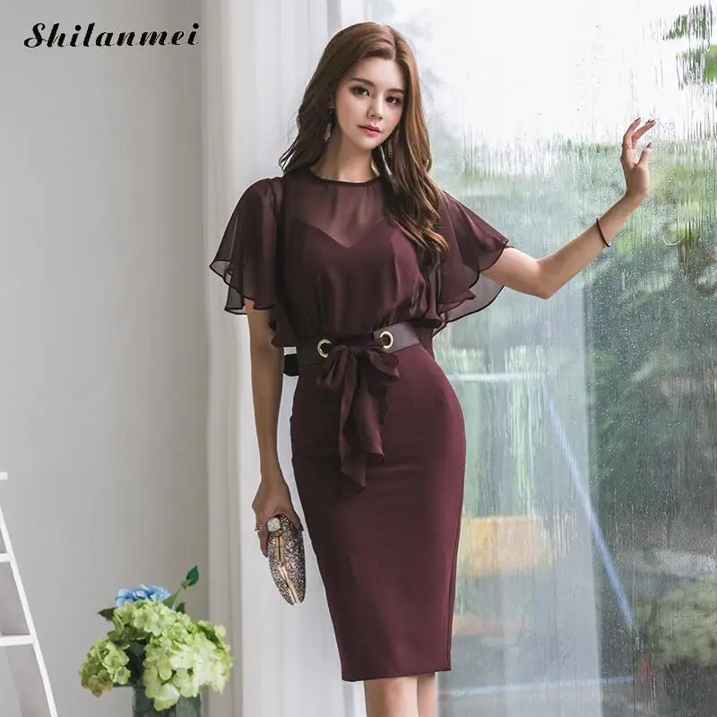

Summer Flare Sleeve Lace Up Dresses Elegant Women OL Party Work Pencil Bodycon One Piece Dress Mesh Patchwork Lace Dress 2019