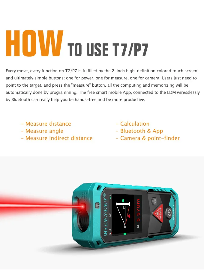 Mileseey P7 80 м 100 м 150 м 200 м Bluetooth камера Finder точка поворотный IP65 Водонепроницаемый сенсорный экран перезаряжаемый лазерный метр