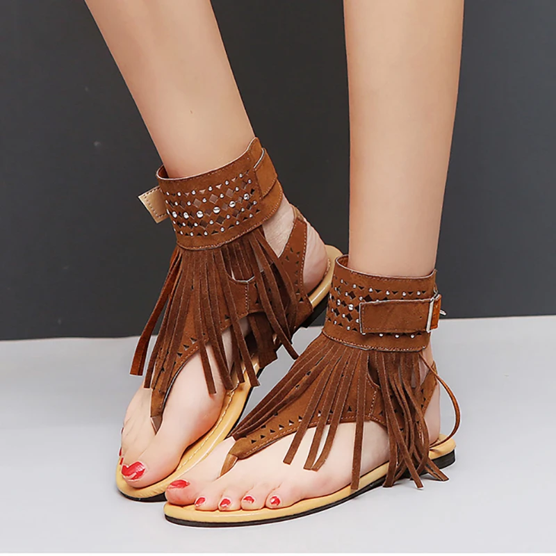 Женские сандалии-гладиаторы с кисточками Aphixta новые Вьетнамки размера плюс 34-43