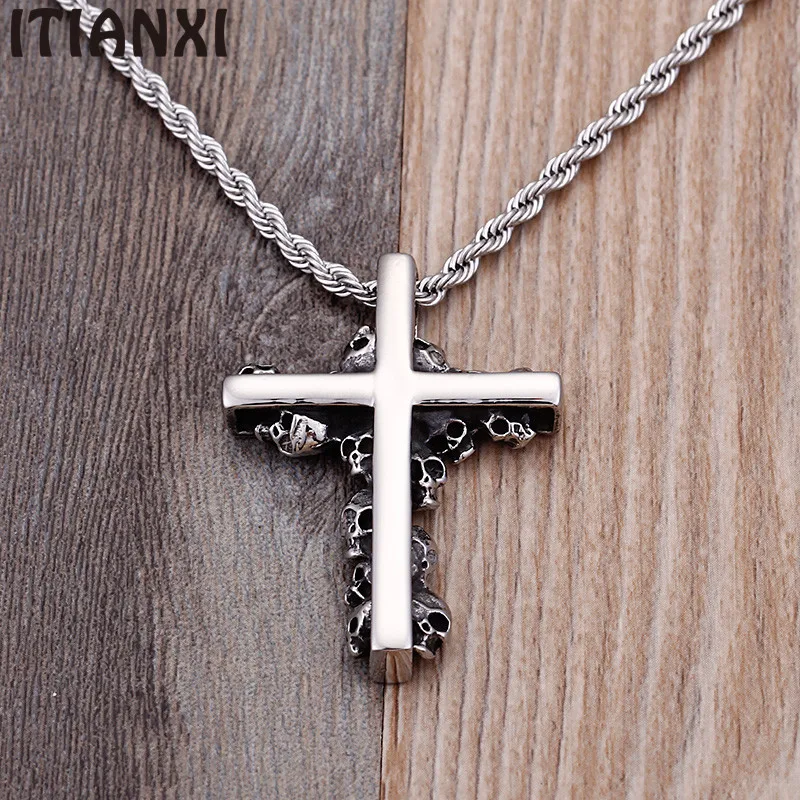 High Polished Stainless Steel Cross &amp Skull Heads Pendant Necklaces For Men Punk Pub Biker Jewelry Accessories | Украшения и