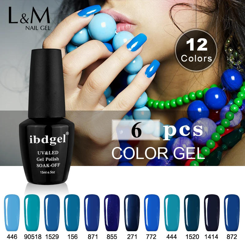 

6 Pcs ibdgel Black Bottle 15ml Colorful Nail Polish Lacquer UV LED Blue Color Top Base Coat Soak-off Gel Nail Gel Primer