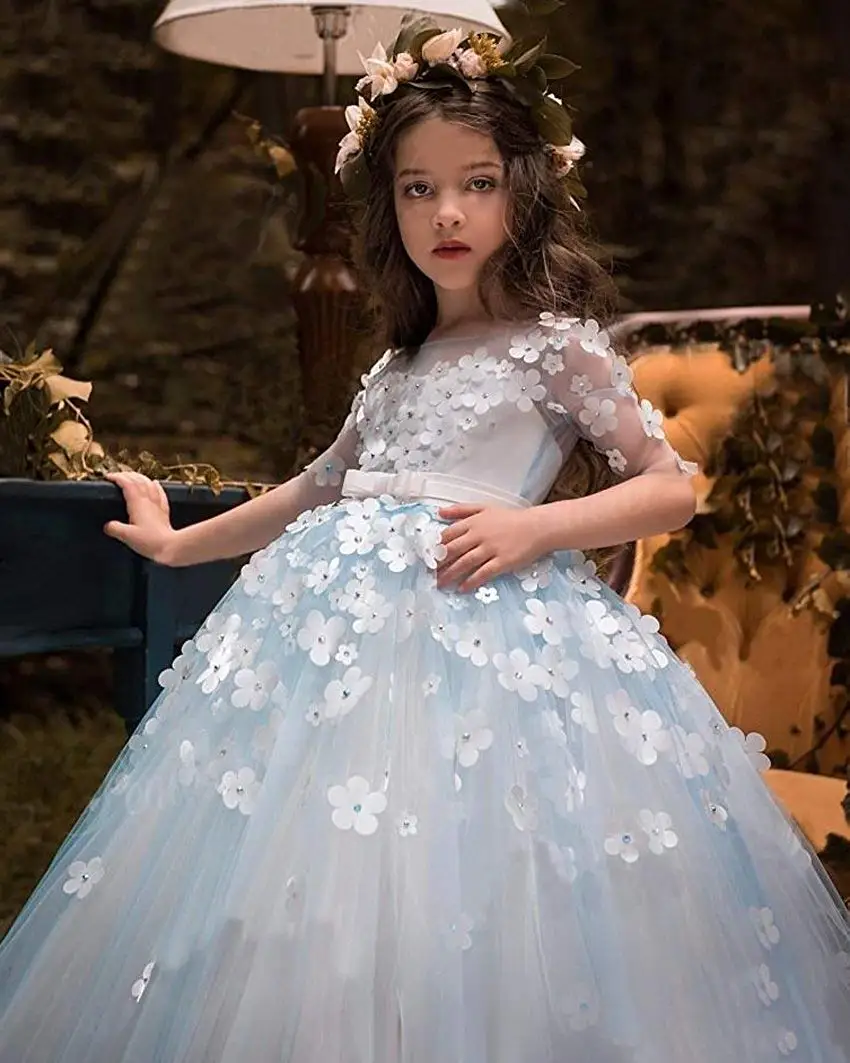 

Lovely Sky Blue 3/4 Sleeves Flower Girl Dresses 2018 Cute Kids Ball gown 3D Flowers Girls Pageant Dresses communion dresses