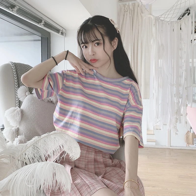 Женские футболки Милая футболка Kawaii Ulzzang ретро полосатая Радужная с коротким