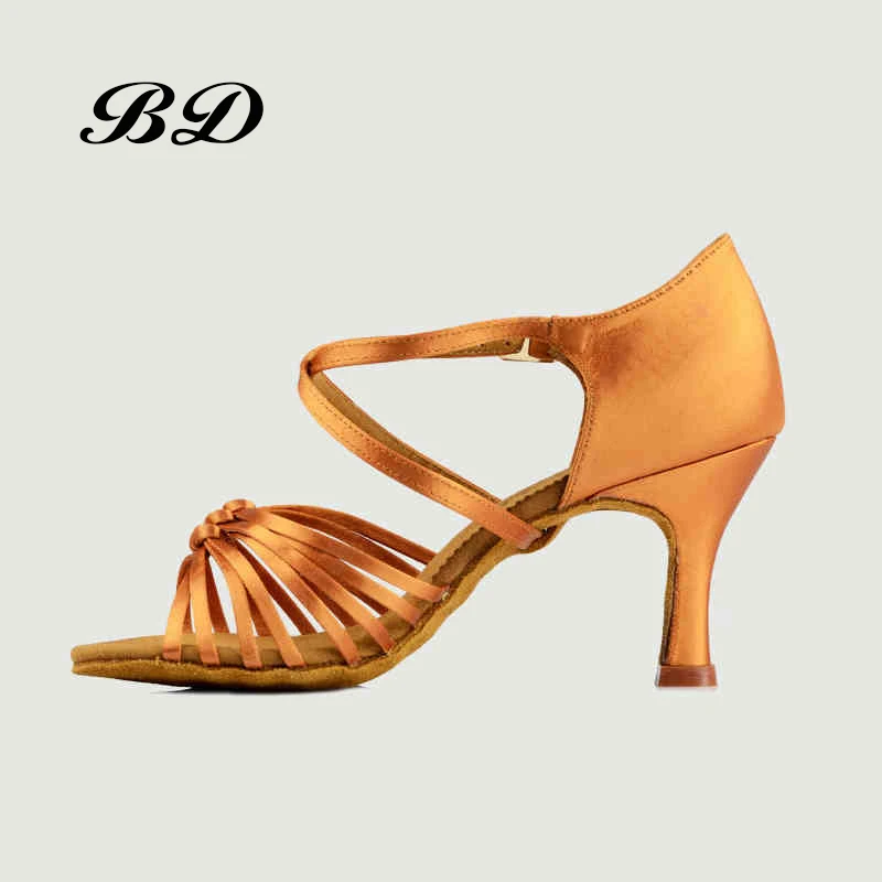 Sneakers Dance Ballroom Women Latin Shoes Cowhide Anti-slip Sole Imported Satin Knot Design Diamond Buckle BD 286 HEEL