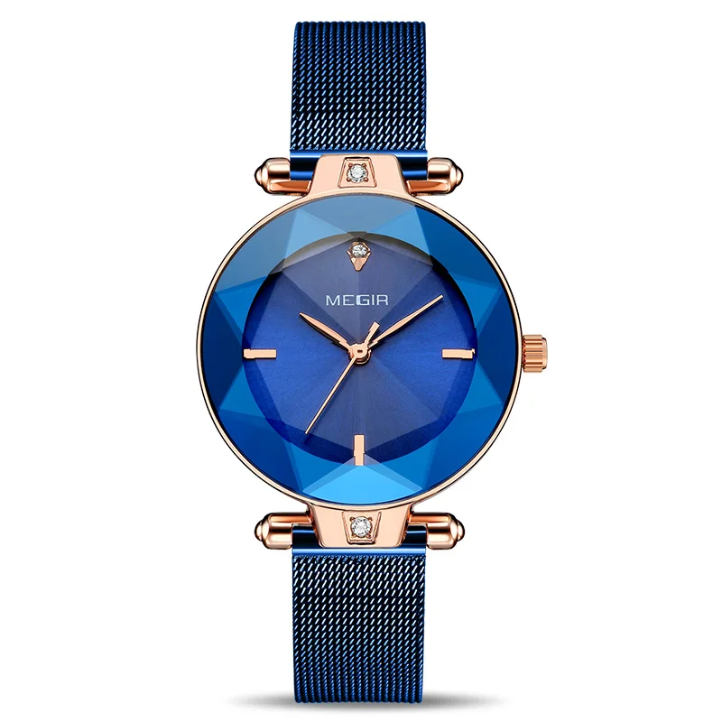 Blue MEGIR роскошные женские часы Reloj Mujer синие сетчатые часы из нержавеющей стали элегантные женские часы-браслет женские часы - Цвет: Blue