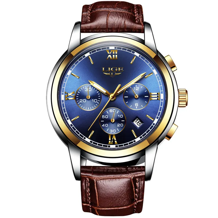 gold blue leather Люксовый бренд LIGE часы мужские модные спортивные военные кварцевые часы мужские полностью стальные бизнес водонепроницаемые часы мужские Relogio Masculino - Цвет: gold blue leather