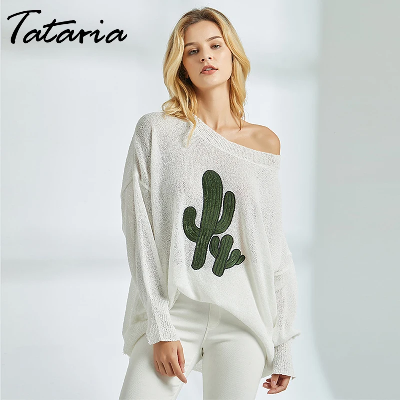 Tataria Sexy Off Shoulder Knitted Sweater Women Long Sleeve Batwing for Elegant Solid Printed Pullover and | Женская одежда