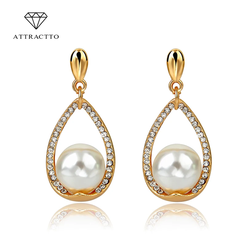 

ATTRACTTO Luxury Christmas Colorful Simulated Pearl Gold Color Earrings For Women Crystal Fashion Stud Earring Brincos SER140231