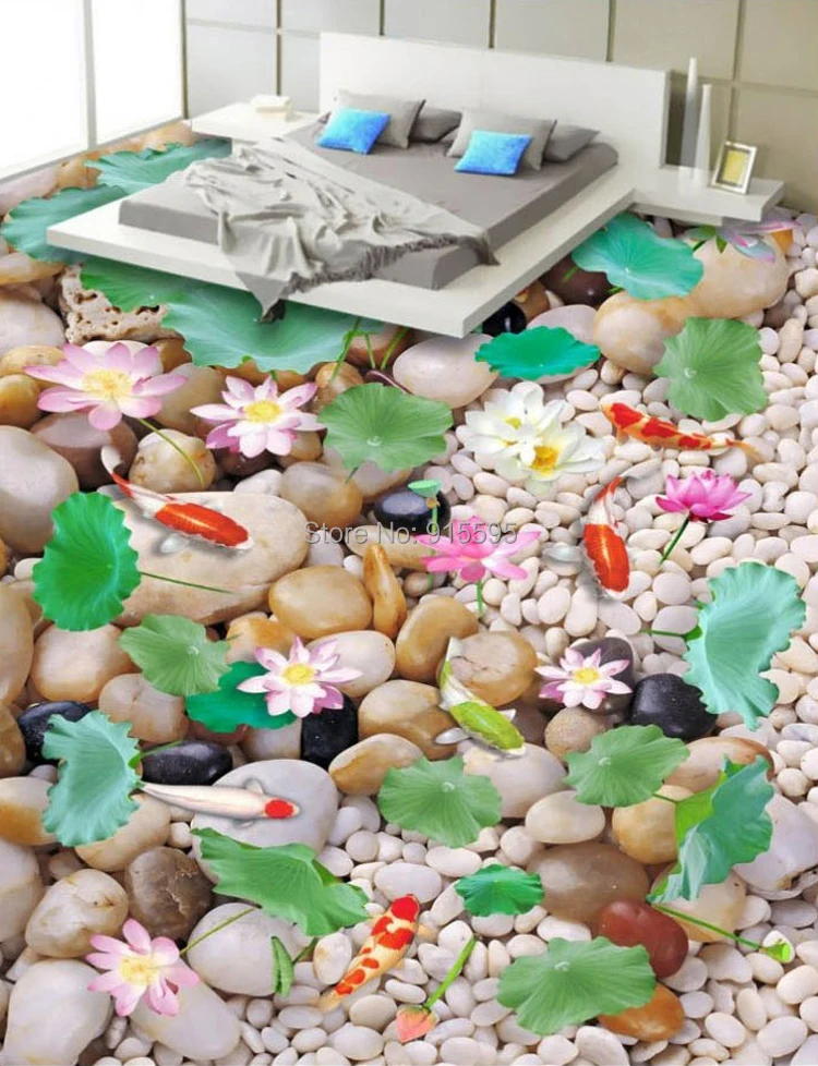На заказ обои для пола, водостойкие обои для кухни, гостиной, напольная наклейка для ванной, самоклеющиеся обои с рисунком рыбы лотоса