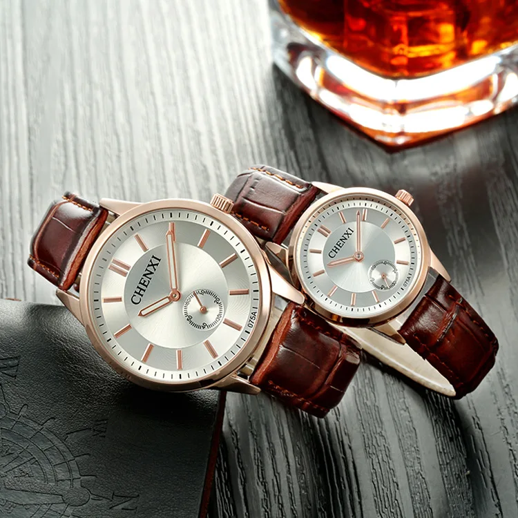 Часы Chenxi мужские модные роскошные часы с кожаным ремешком золотые для влюбленных
