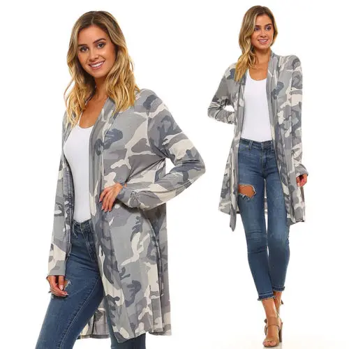 

2018 Women Casual Cardigan Loose Camo Long Sleeve Outwear Jacket Autumn Spring Tops Light Camouflage Print Coat