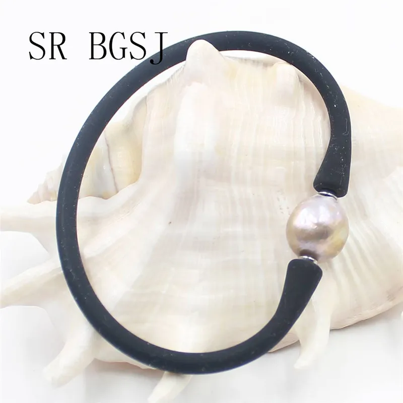 Purple Bead in Black 10-11 мм, женский браслет из пресноводного жемчуга и силиконовой резины 7 дюймов - Окраска металла: Purple Bead in Black