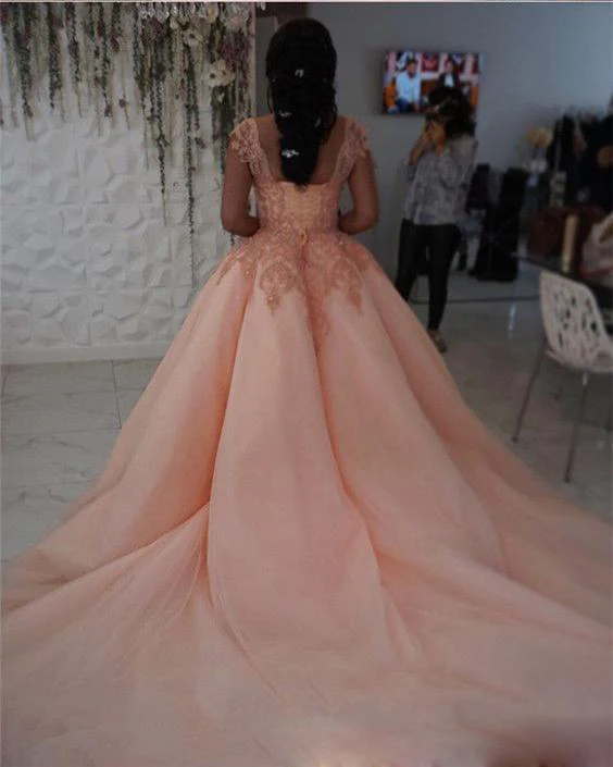 Очаровательный розовый бальное платье Quinceanera платья с коротким рукавом Кружева с аппликацией на шнуровке сзади сладкий 15 платье длинный тюлевый Выпускной платья
