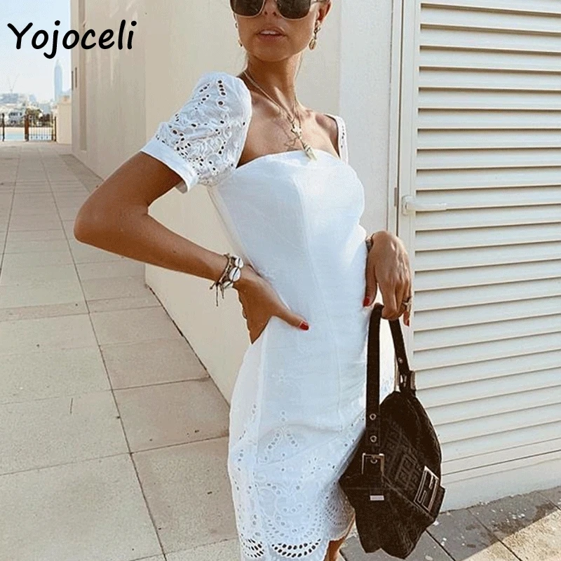 Yojoceli 2019 Лето хлопковове вязаное платье женские с квадратным вырезом облегающее