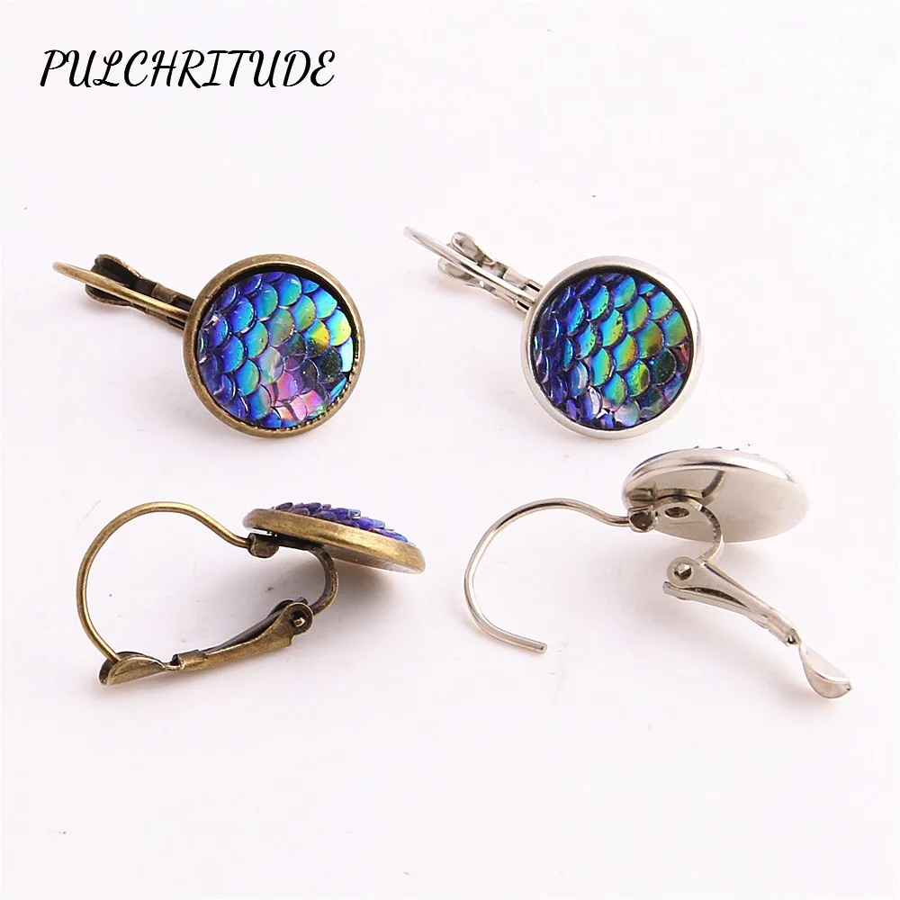 PULCHRITUDE Metal Alloy 6pcs Fit Round 12mm Cabochon Base Earring Back Pendant Colorful Fish Scale Cameo Diy Jewelry Make C1491 | Украшения