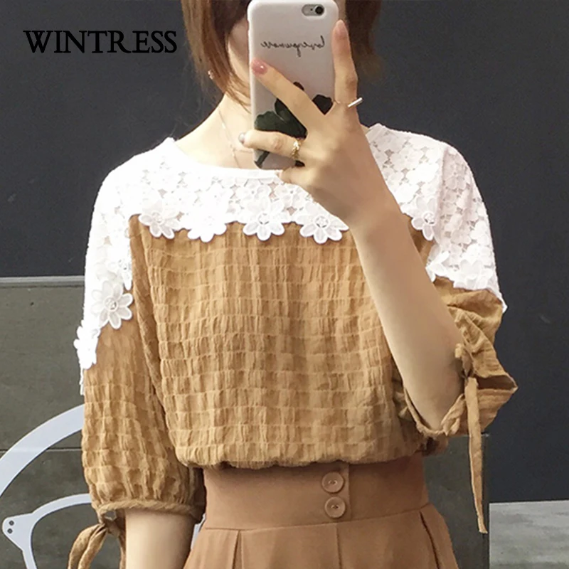 WINTRESS Новое Прибытие Лоскутная Женщины Блузка О-Образным Вырезом Кружева Цветы