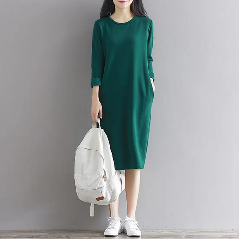 2020 модное женское осеннее платье Утепленное зимнее с длинным рукавом и карманами