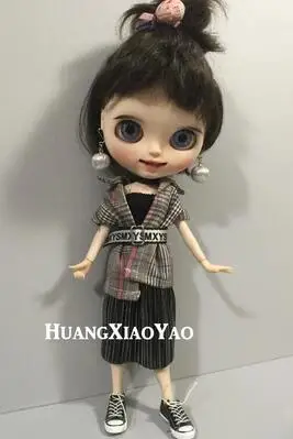 B006 Blyth кукольные одежда 1/6 мягкого плюша; аксессуары для куклы ручной работы 30 см одежда Повседневное клетчатый костюм для мальчика с Штаны платье 2 шт./компл - Цвет: tops with dress