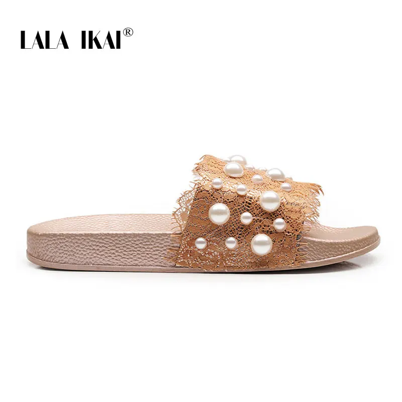 Champagne LALA IKAI/женские шлепанцы; сезон лето; кружевные шлепанцы в стиле пэчворк с бисером; женские пляжные шлепанцы; модная обувь на плоской подошве с жемчугом; 014A3759-4 - Цвет: Champagne