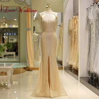 luxurious evening dress halter heavy major beaded champagne custom made open back formal long evening gown real photo