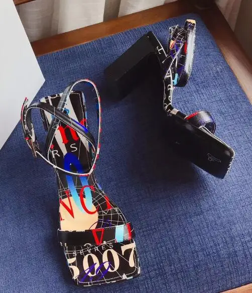 

BONJEAN 2019 Newest Open Toe High Heel Sandals for Woman Printed Leather Ankle Strap Thick Heels Shoes Summer party Dress Heels