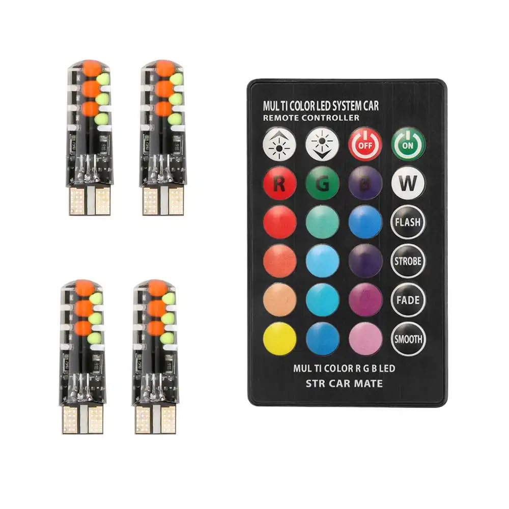 1 remote 4 bulbs 12V автомобиль RGB светодиодный T10 W5W светодиодный RGB 5050 SMD сигнальная лампа для чтения клина светильник автомобиля декоративная интерьерная стенная панель с светильник с дистанционным автомобилем - Испускаемый цвет: 1 remote 4 bulbs