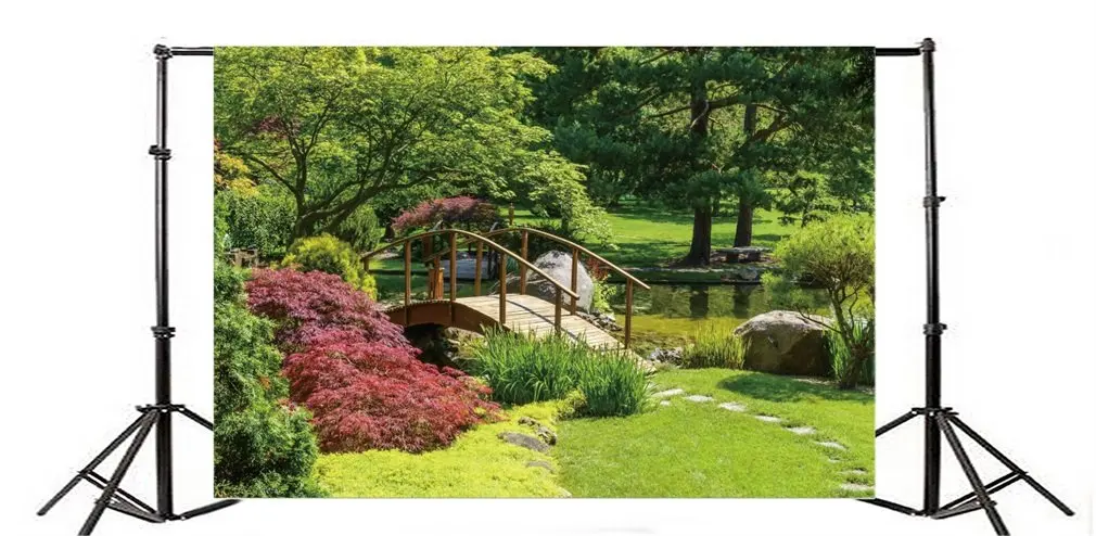 Фон для фотосъемки природа парк деревья мост трава поле солнце река Фотофон