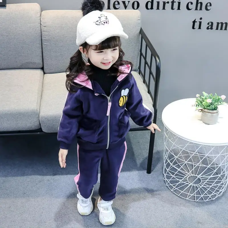 Pictured Baby Boys Girls Warm Set Winter Cartoon cat Kids Thickening Hooded Vest+Sweater+Pant Three-piece Sport Suits Children Clothing - Цвет: Pictured