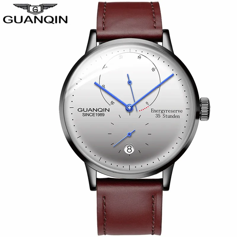 Brown Black White GUANQIN мужские часы Топ бренд класса люкс Автоматическая Дата мужские повседневные модные часы водонепроницаемые из натуральной кожи механические наручные часы - Цвет: Brown Black White