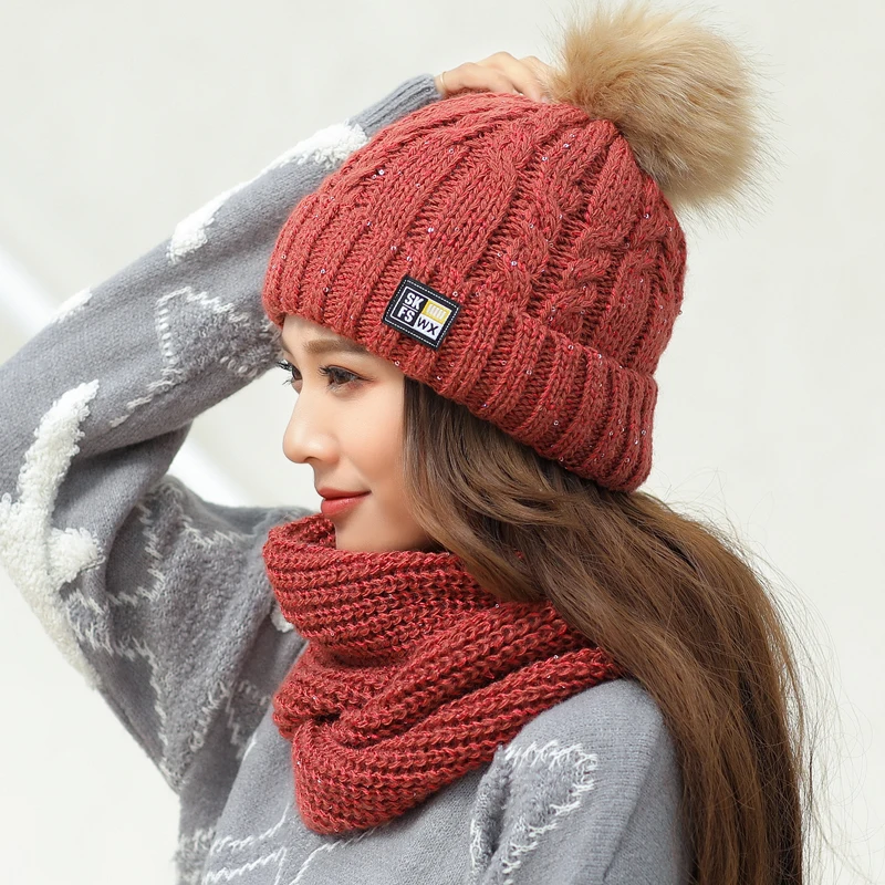 Модные вязаные шапки с блестками шарф комплект из 2 шт. женская зимняя шапка