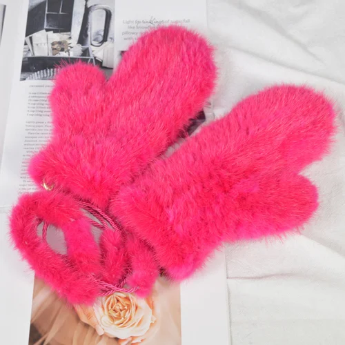 rose red Лидер продаж, женские перчатки из натурального меха норки, вязаные перчатки из натурального меха норки для девочек, зимние эластичные варежки из натурального меха норки - Цвет: rose red
