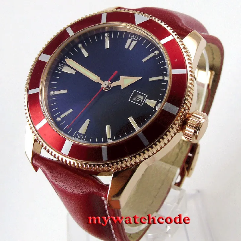 

46mm black dial red bezel rose golden case automatic mens watch 15