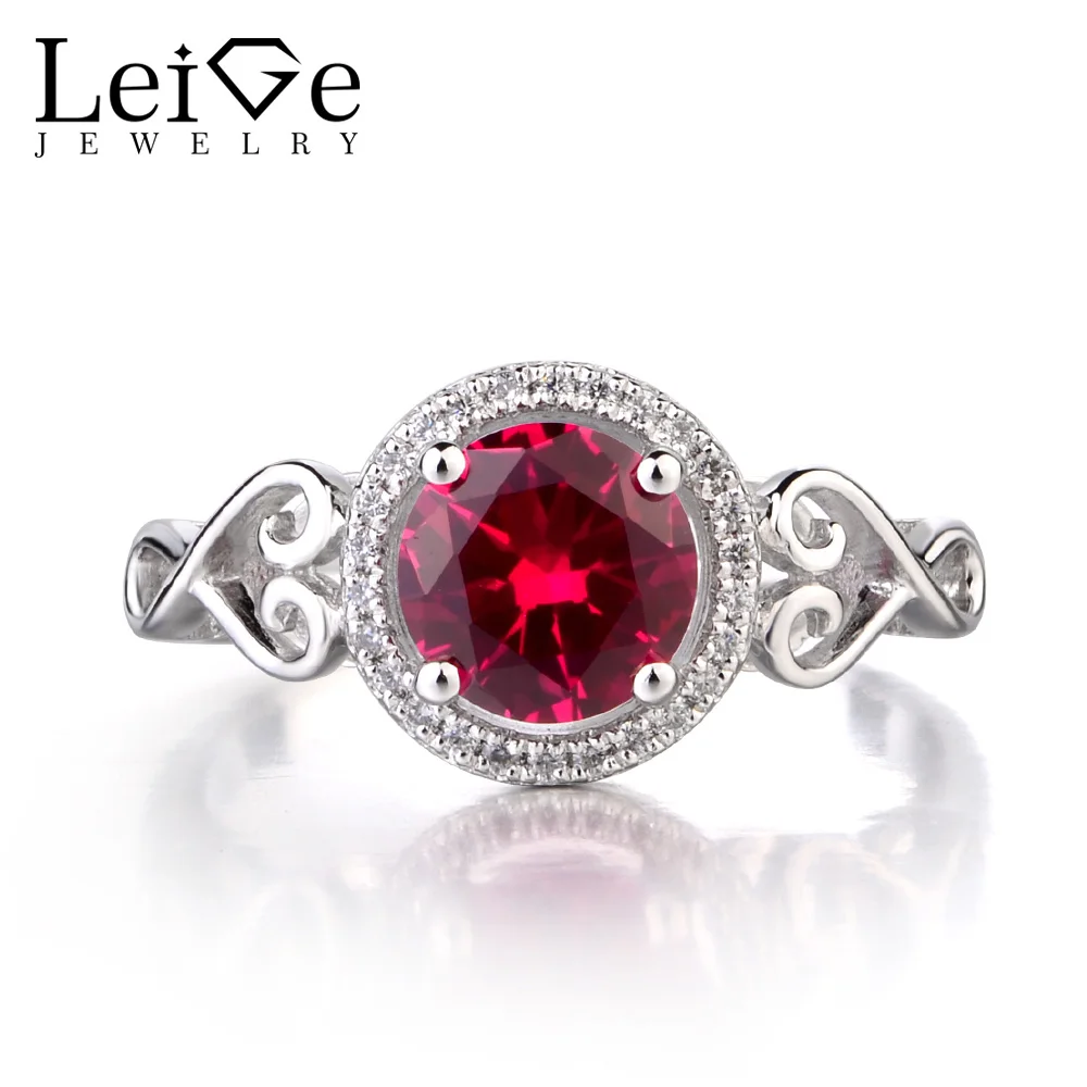 

Leige Jewelry 925 Sterling Silver Lab Ruby Ring Round Cut Red Gemstone July Birthstone Promise Engagement Rings for Women